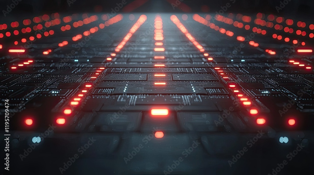 Poster futuristic circuit board with red lights illuminating pathways