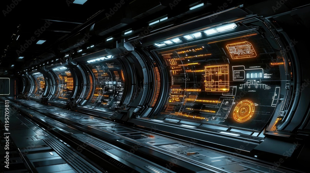 Poster futuristic spaceship corridor with illuminated control panels