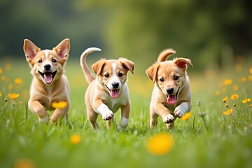Photograph playful puppies in a lush green field, their tails wagging as they run and jump. Soft, natural lighting highlights their joyful expressions, creating a carefree and fun scene