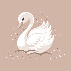 Cute white swan on beige background. Children's illustration, postcard, template for congratulations.