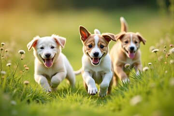 Photograph playful puppies in a lush green field, their tails wagging as they run and jump. Soft, natural lighting highlights their joyful expressions, creating a carefree and fun scene