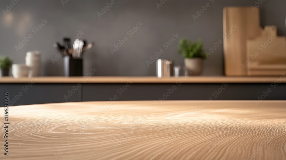 Leinwandbilder sunlight illuminating empty round wooden table surface with blurred modern kitchen interior in the b