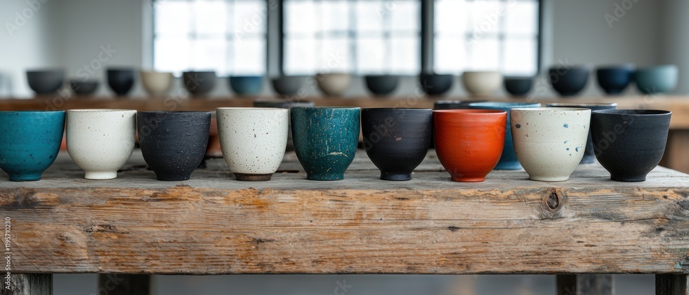 Wall mural a table with many different colored cups sitting on it