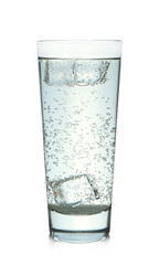 Refreshing soda water with ice cubes in glass on mirror surface isolated on white