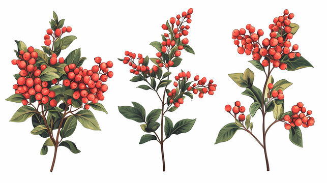 Set of pyracantha coccinea (scarlet firethorn) and clethra alnifolia (the coastal sweetpepperbush) frontal isolated png on a transparent background perfectly cutout. Firethorn. Illustration