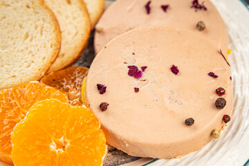 Foie gras snack goose liver French cuisine fresh tasty food dish gourmet food background on the table rustic food top view copy space