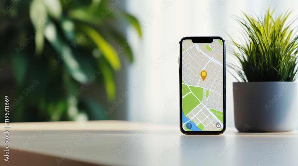 Poster Mobile phone displaying navigation map with marked location on bright table with potted plant, providing convenient location services for modern travel and exploration