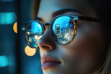 Close-up photo of a woman wearing glasses,  the eyeglasses reflecting a cityscape at night.