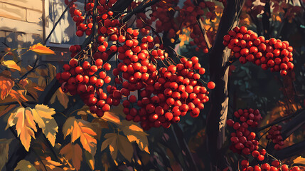 Vibrant bunches of pyracantha berries in an urban autumn garden capturing the essence of seasonal exploration through photography. Firethorn. Illustration