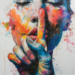 Expressive Portrait of a Woman with Vibrant Colors and a Shushing Gesture