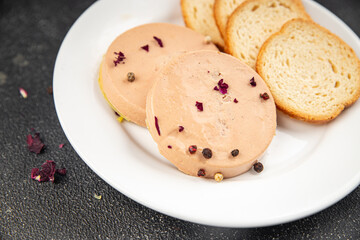 Foie gras snack goose liver French cuisine fresh tasty food dish gourmet food background on the table rustic food top view copy space