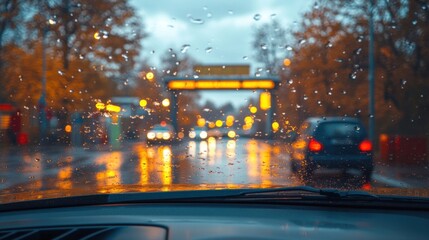 Obraz premium Rainy Day City Drive with Bokeh Effect, Wet Windshield View of Traffic, Autumn Leaves, and Glowing Street Lights in a Warm Atmosphere