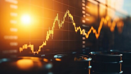 Barrels of oil are arranged in a factory, with warm golden light casting a glow and a financial graph projected showing rising trends in oil prices