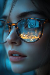 Close-up photo of a woman wearing glasses,  the eyeglasses reflecting a cityscape at night.