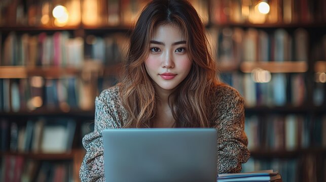 Focused young woman using laptop in a warm and inviting library setting.  She gazes directly at the viewer with a calm and serious expression, conveying a sense of studiousness and concentra