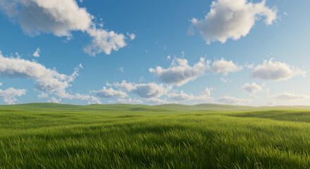 Fototapeta premium Serene Green Grassland Under a Blue Sky with Fluffy Clouds
