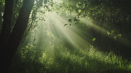 Obraz premium Golden Rays of Sunlight Filtering Through Trees in a Serene Green Forest Tranquil Nature Photography