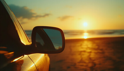The rearview mirror of a car on the side of the road with the sun reflecting on the beach. Travel concept