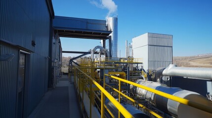 Industrial facility with metal pipes and smoke on a clear day