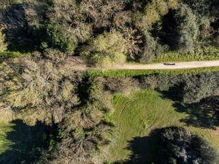 Aerial view of a greenway on an old railway track, passing through farms, trees, and agricultural land in Évora, Portugal.