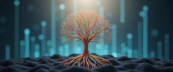 Vibrant abstract tree with colorful branches representing diverse thought processes in a conceptual cosmic setting