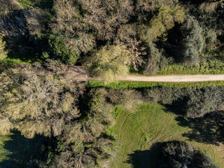 Aerial view of a greenway on an old railway track, passing through farms, trees, and agricultural land in Évora, Portugal.