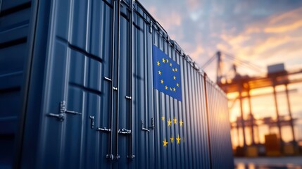 Close-up of a large blue cargo shipping container with EU European Union flag in a port harbor at sunset or sunrise. Production, delivery, shipping and freight transportation concept.