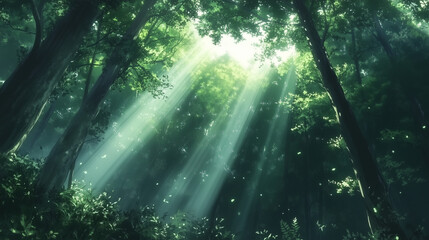 Golden Rays of Sunlight Filtering Through Trees in a Serene Green Forest Tranquil Nature Photography






