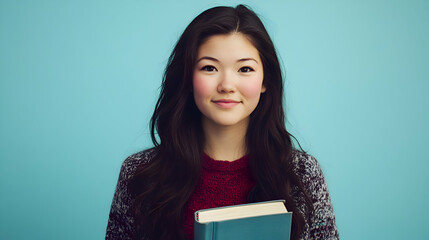 Female college student holding books, plain light blue background, studious expression, clear facial features