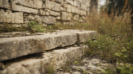 Old stone steps beside a weathered stone wall, with weeds and dampness.
