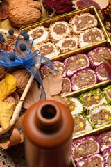 Sweet food Turkish delight on wooden background, assorted locum and candy for decorated backdrop