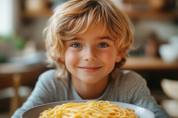 Adorable little boy eating noodles, happy and content at the table