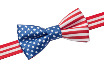 A bow featuring the American flag design with stars and stripes, placed on a matching ribbon, ideal for patriotic celebrations, Independence Day decor, or themed packaging.