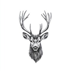 Detailed monochrome deer head illustration on white background