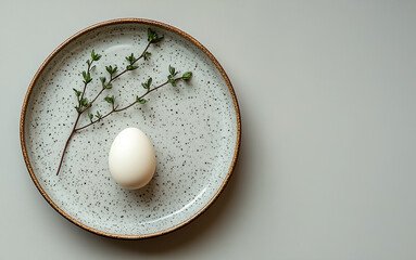 An egg with a green sprig lies on a plate on a light background with space for entering text. Easter holiday. Copy space
