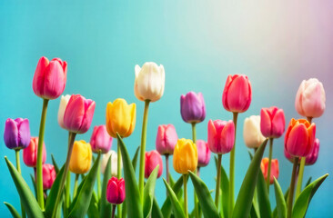 Close up fresh colorful tulips on blue background with spase for text. Copy space