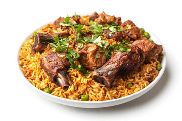Fototapeta premium Traditional Goat Legs Kabuli Biryani Dish, Isolated on a White Background for Use in Product Banners, Marketing Promotions, and Decorative Covers.