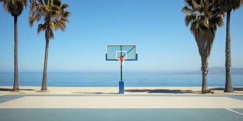 Oceanfront basketball court on sunny day