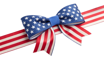 A bow featuring the American flag design with stars and stripes, placed on a matching ribbon, ideal for patriotic celebrations, Independence Day decor, or themed packaging.