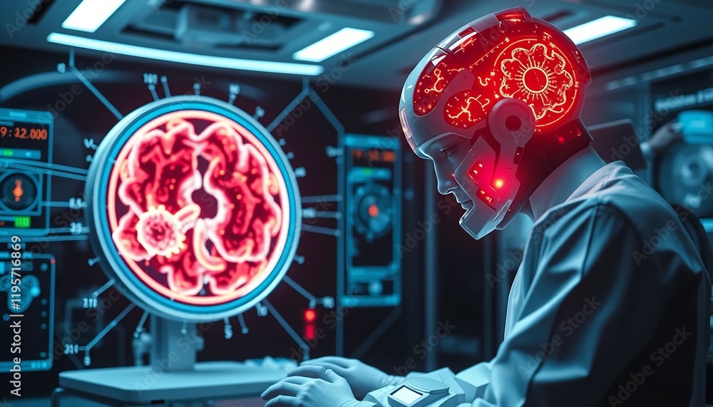 Aufkleber futuristic ai robot scientist analyzing brain scan data neural network technology medical research d
