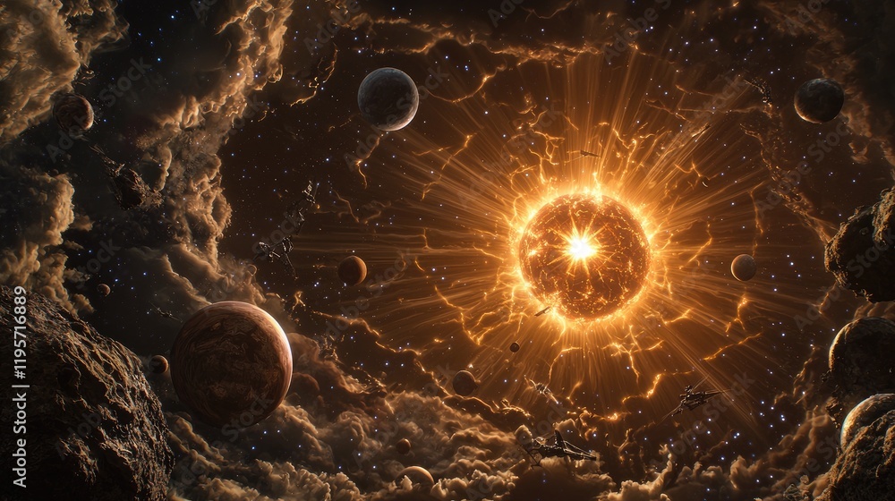 Poster cosmic explosion event outer space digital art nebula environment wide-angle view stellar concept