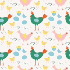 Repeating seamless pattern for Easter with Chickens, hens, rooster, eggs. Festive background with farmer motive for holiday, congratulation. Design rapport for textile, print, wrapping, card, paper