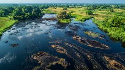 Lush african wetland landscape with diverse vegetation and serene water