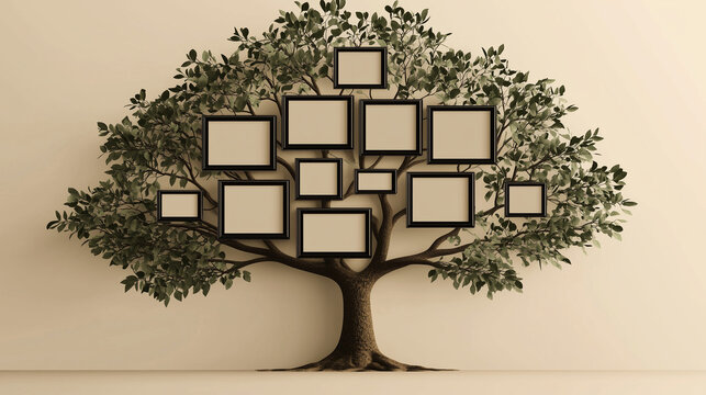 Spring tree with green leaves sprouting from buds, stickers and frames for photos or icons, family treemap, genealogy, family, connection of generations