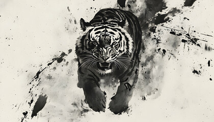 Tiger Chinese Zodiac in Ink Wash Style: A tiger painted in the traditional Chinese ink wash style, with bold brush strokes and a minimalist background