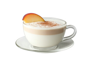 Obraz premium a white cup of beverage with a slice of peach and an apple on a saucer PNG image, PNG file, Generative art.