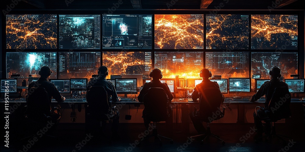 Poster high-tech control room with operators monitoring city data at night