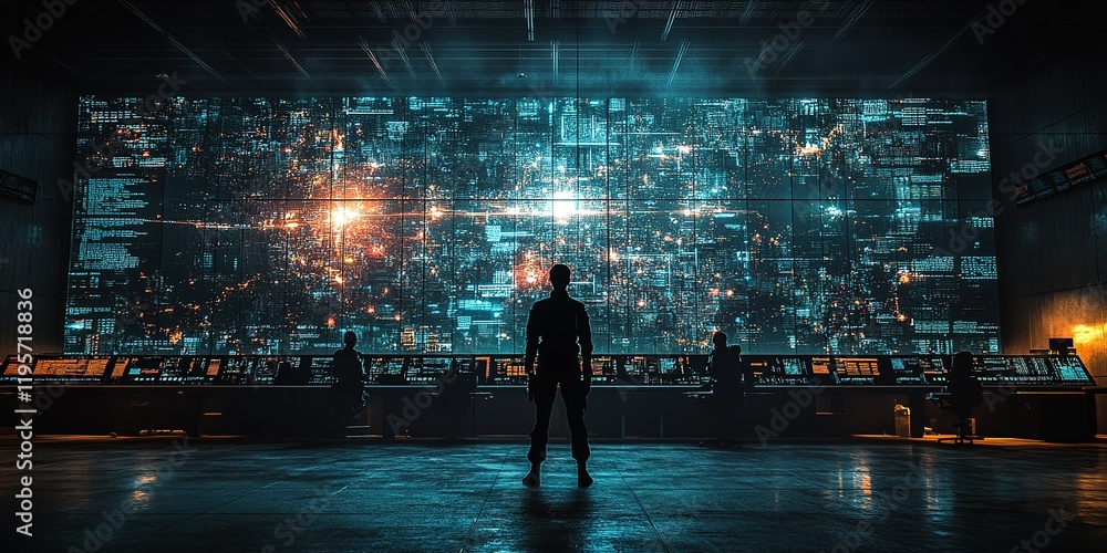 Poster high-tech command center with advanced digital display and operators monitoring data at night