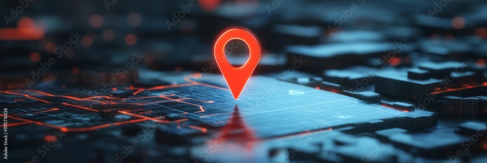 Aufkleber glowing red location pin marking position on futuristic circuit board, suggesting online maps, navig