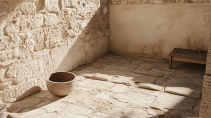 Sunlit stone room with bowl and table.